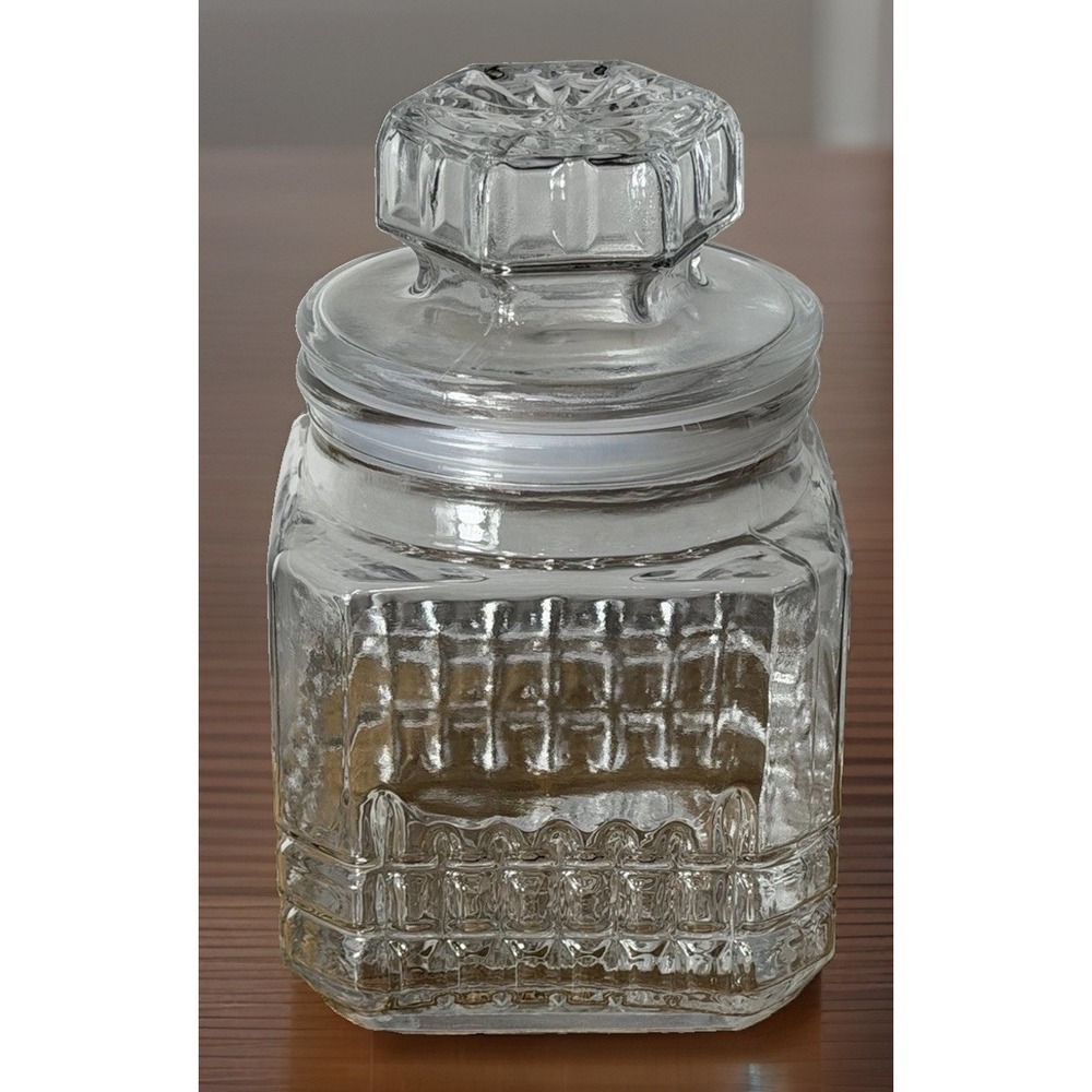 Koeze Clear Glass Jar Apothecary Square Canister Lid Storage Waffle/Diamond Patt
